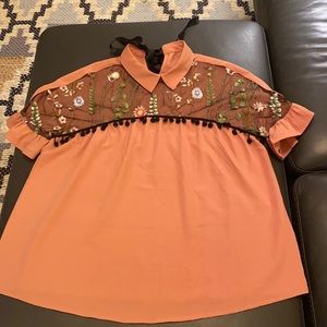 SHEIN Blush/Rose Blouse with Embroidered Flowers, Tie Back, and Pompoms - Size L